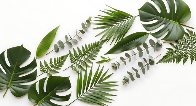 Tropical leaves on white background.