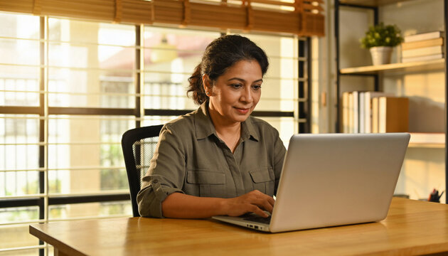 Middle aged Indian woman working on laptop at home office desk warm natural sunlight through window blinds focused