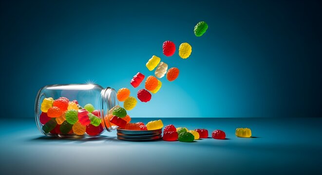 Colorful candy pieces spill dramatically from a clear glass jar onto a blue reflective surface with dynamic motion blur.