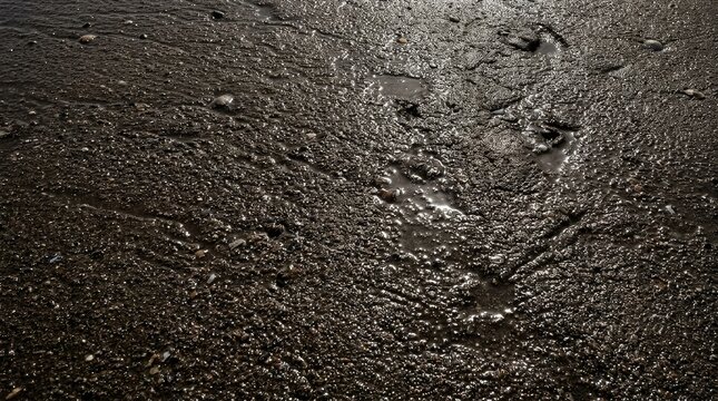 Close up of dark wet sand surface with textured detail