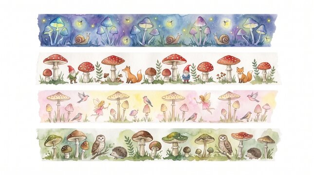 Whimsical washi tape strips with enchanted forest scenes, including mushrooms, owls, fairies, and foxes. Ideal for storybook-style journaling and scrapbooking.mushroom, forest, woodland, enchanted, fa