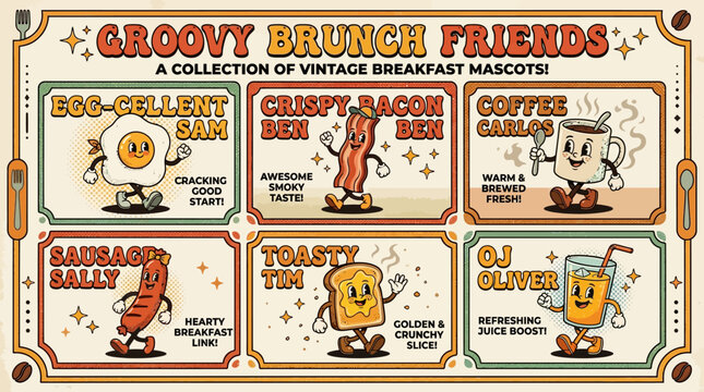Retro Brunch Breakfast Food Mascots Set with Whimsical Walking Characters and Vintage Typography