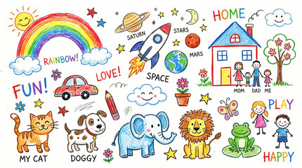 Fototapeta premium Colorful Hand Drawn Collection Featuring Animals Space Elements And Happy Family Scenes For Kids