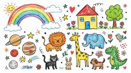 Naklejka premium Collection of Colorful Hand Drawn Preschool Education Doodles Featuring Nature Animals and Planets