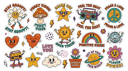 Obraz premium Retro Groovy Sticker Set Featuring Colorful Vintage Characters and Fun Motivational Sayings