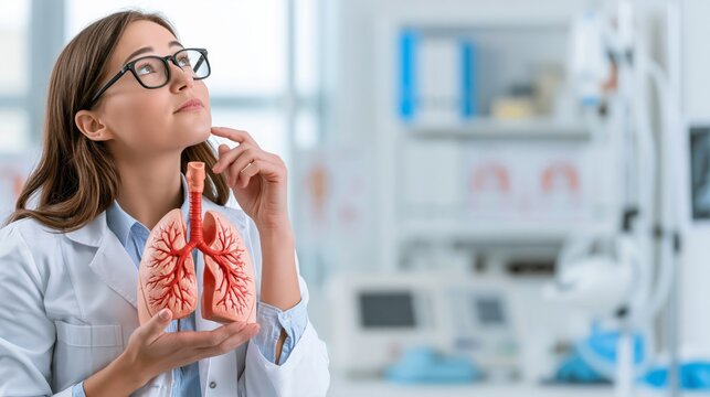 Pulmonologist holding a lung anatomy model in a clinic while thinking. Concept of quiz, consultation and trivia about pulmonology.