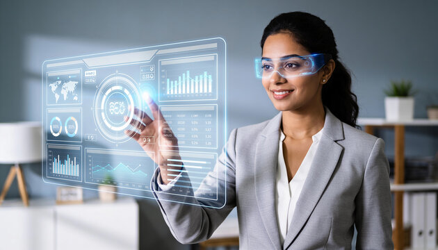 Indian businesswoman interacting with futuristic digital hologram dashboard interface wearing smart glasses in office