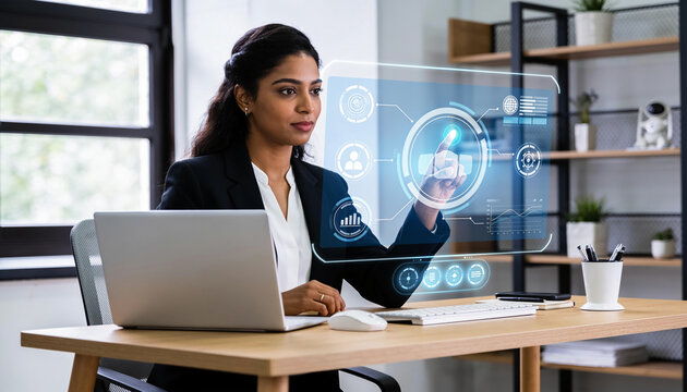 Indian businesswoman interacting with futuristic holographic digital interface at modern office desk with laptop