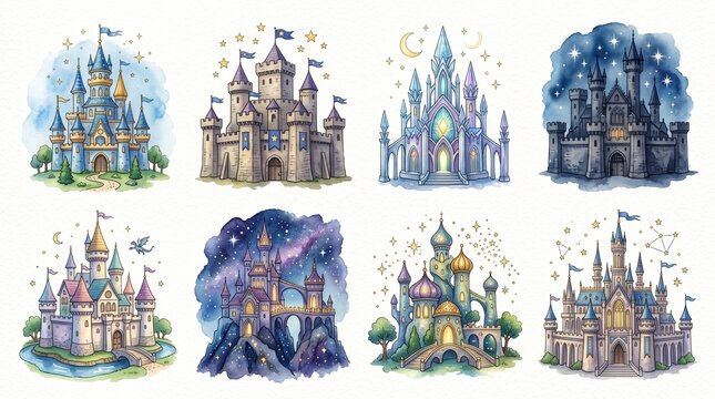 Fantasy castles in watercolor style. Magical medieval fortresses for fairy tale, night sky, and dreamlike storybook illustrations. fantasy castle, castle, medieval, fairytale, magic, night sky, stars,