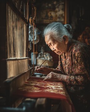 Elderly Thai weaver patiently craft intricately beautiful silk tapestry thread shimmering under warm sunlight reflecting intricate beauty attention detail every fiber woven clean professional stock