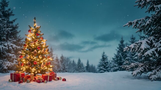 Festive decorated Christmas tree adorned with glowing gifts in a snowy forest at dusk