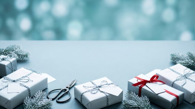 Serene Christmas gifts wrapped in white and silver with red ribbon and soft bokeh lights