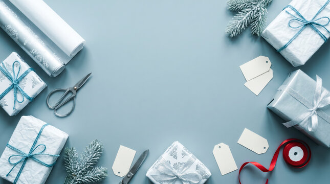 Wintry flat lay of silver wrapped gifts scissors and tags on soft blue gray surface
