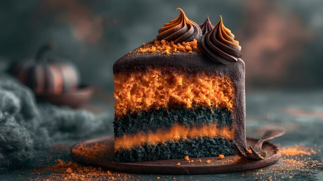 Halloween layered cake slice with orange and black sponge closeup