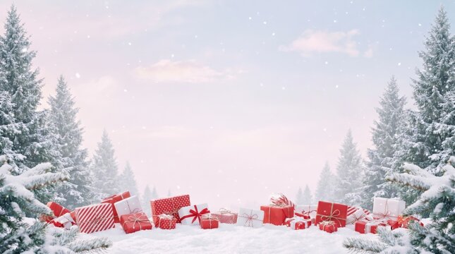 Red Christmas gift boxes resting on fresh snow in a serene winter forest at daybreak