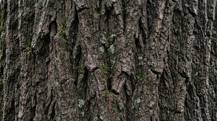 Obraz premium Close up of rough tree bark with green moss and lichen