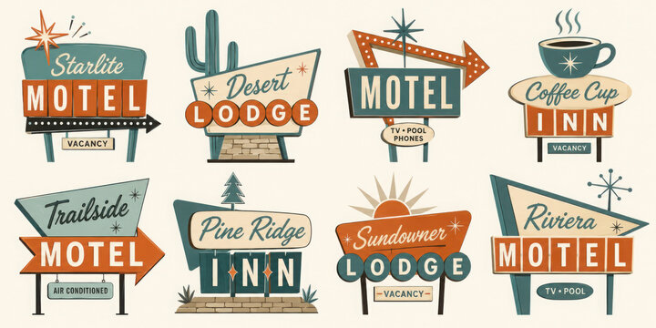 Retro breakfast motel signs sticker set with vintage roadside motel signboards, breakfast arrows, coffee lodge labels and motel direction signs. Vector illustration in mid century 1950s style