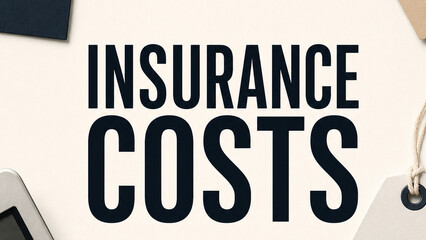 Naklejka premium Bold insurance costs text on a clean office desk with paper tag and business objects, ideal for finance and expense concepts.