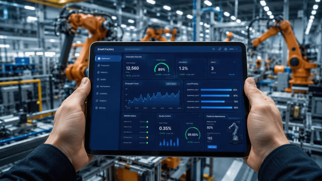 Engineer using tablet dashboard in smart factory with robotic automation system for industrial production monitoring, manufacturing analytics, and operational data management.