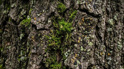 Obraz premium Detailed macro view of weathered tree bark with moss and lichen