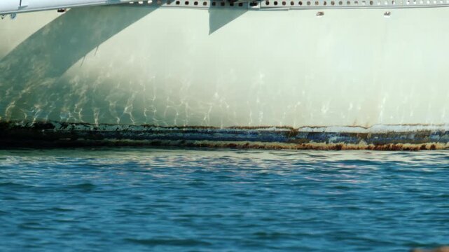 Yacht hull showing waterline and barnacle growth with water ripples creating patterns on the surface