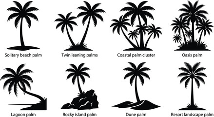 Fototapeta premium Black Silhouette Tropical Palm Tree Collection Featuring Beach Palms Island Clusters Coastal and Oasis Landscape Elements