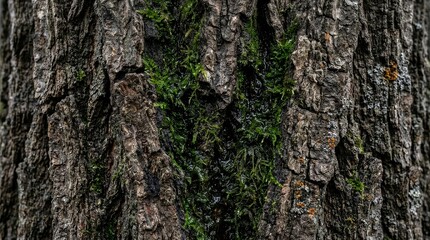 Obraz premium Detailed close up of rough tree bark with wet green moss growth