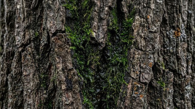 Detailed close up of rough tree bark with wet green moss growth