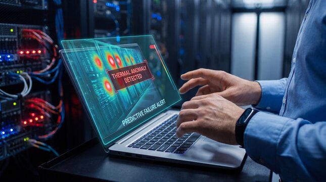 IT professional analyzing server thermal anomaly on holographic laptop interface in data center
