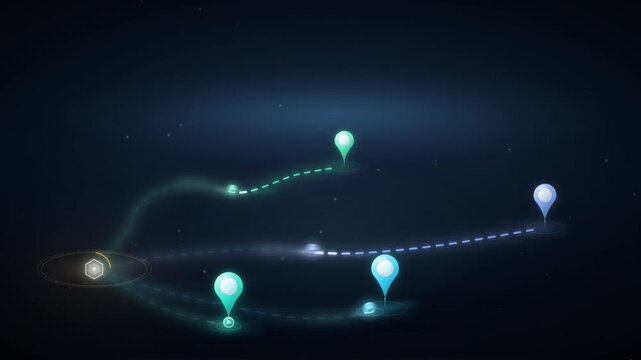 Animated map tracking showing branching network routes to multiple location pins