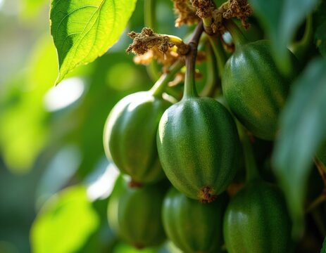 Green unripe kiwi berries grow on vine branch with leaves in garden. Young kiwi fruit cluster matures on plant in sunlight. Healthy natural food.