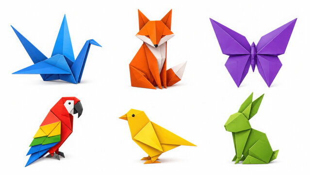 Set of colorful origami animals and birds on white background