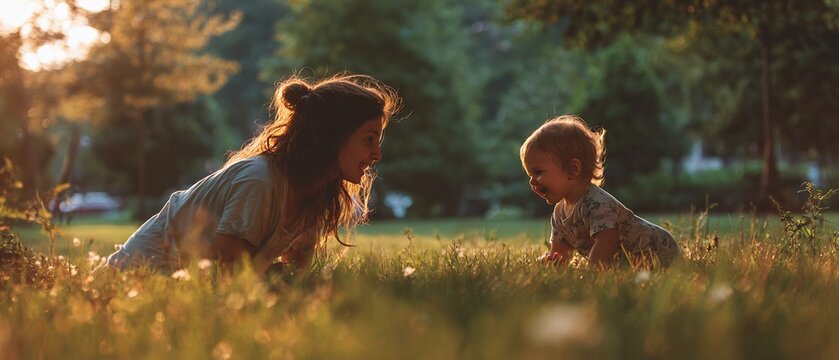 Devoted mother playing her rambunctious toddler small park during warm summer afternoon clean professional stock photo sharp macro photography style cinematic realism ultra photorealistic no text no