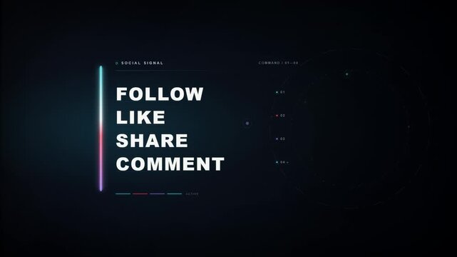 Neon social media follow like share comment text animation on dark background
