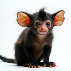 Fototapeta premium Small aye-aye primate with big ears and spiky hair sits on white background. Cute weird animal, madagascar wildlife, nocturnal forest creature.