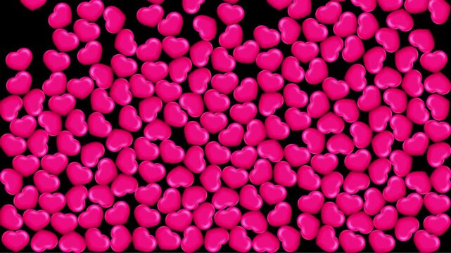 3D falling pink hearts animation with glossy heart shapes on a transparent background (alpha channel)