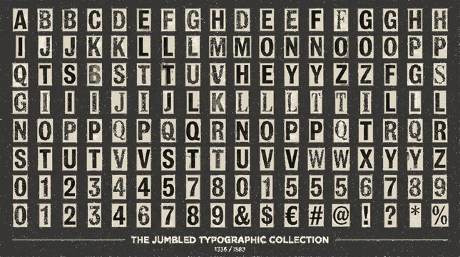 Vintage style alphabet and numerical character grid featuring distressed typography elements arranged in a structured layout with lettering