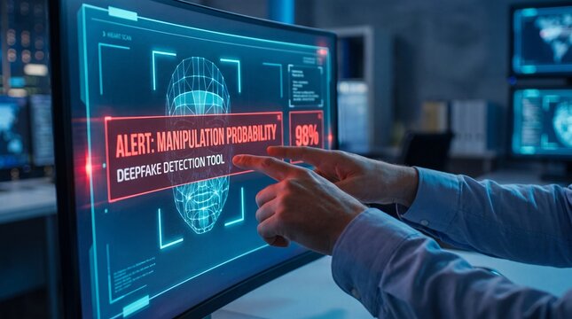 Analyst hands point at deepfake detection alert on monitor in cybersecurity office