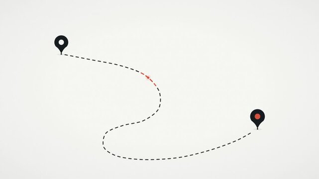 Animated map route tracking with dashed line and location marker pin on white background