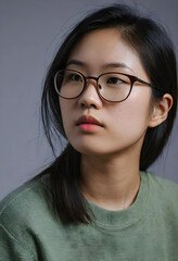 Fototapeta premium Young asian woman with dark hair and eyeglasses looking away, thoughtful expression, close up portrait