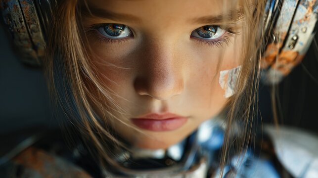 Girl with blue eyes wearing mechanical cybernetic headgear.