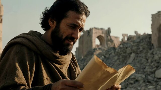 Prophet Isaiah reading a parchment scroll among city ruins. Close up of biblical figure in ancient robes studying scripture. Old Testament prophecy concept