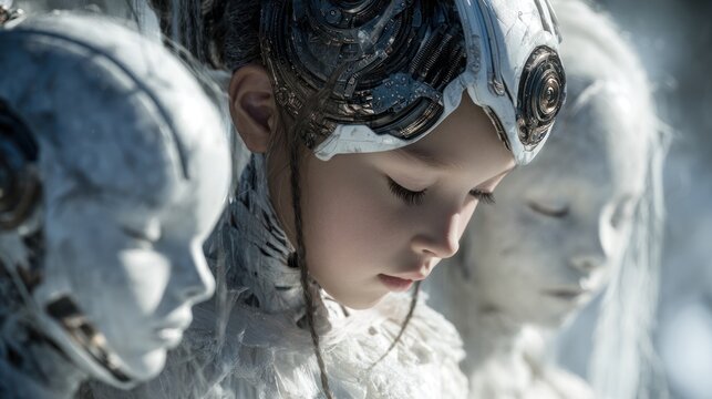 Group of child androids with white mechanical elements.