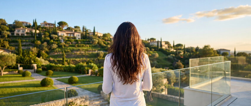 Woman looking at luxury resort villas from a modern balcony during golden hour sunset, showing a peaceful travel destination perfect for high-end real estate and vacation marketing