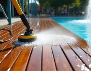 Obraz premium Worker uses high pressure washer to clean brown wooden pool deck outdoors. Powerful water jet removes dirt from terrace planks near swimming water. Pro equipment sprays liquid on floor surface for
