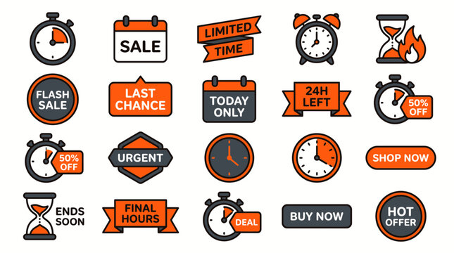 Set of modern flat line icons featuring countdown timers, stopwatches, clocks and sale badges in orange, illustrating promotional marketing campaigns, symbolizing limited time offers and urgency