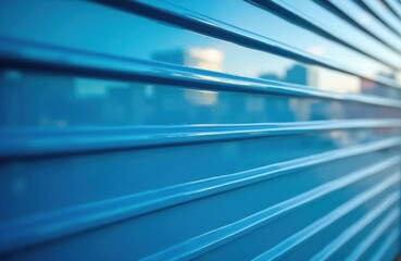 Obraz premium Blue polycarbonate sheet with horizontal stripes, urban building reflection. Smooth plastic surface shows geometric lines, modern industrial texture. Shiny synthetic material exterior creates