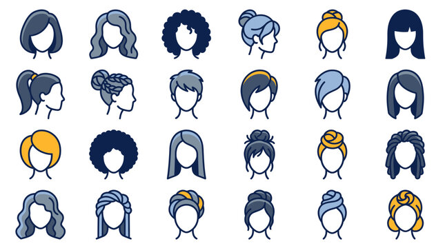 Collection of modern female hairstyle icons featuring diverse haircuts and headwraps in flat vector style on white background, illustrating hair salon services and fashion trends