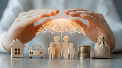 Comprehensive life and property insurance concept with protective hands shielding wooden family, house, car and money bag