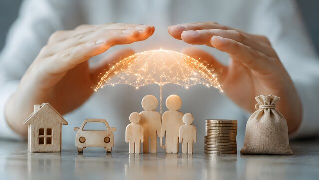 Comprehensive life and property insurance concept with protective hands shielding wooden family, house, car and money bag